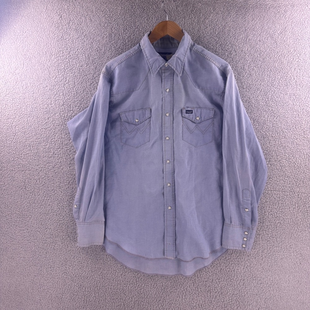 Wrangler Mens Western Pearl Snap Shirt Blue Long Sleeve Yoke 17 x 36 9737